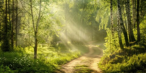 Summer forest wild jungle green landscaper morning time sunlight shine.