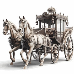 Naklejka premium Elegant horse-drawn carriage, two majestic horses, ornate details, royal design, white background.