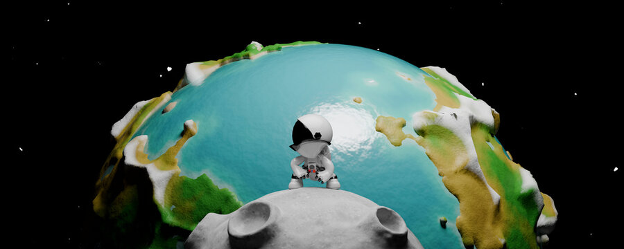 3d cartoon astronaut exploring asteroid in space with distant planet view