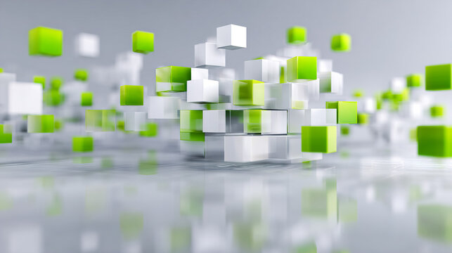 Dynamic 3D cubes in vibrant green and white floating against a soft background, ideal for technology, innovation, and modern design projects