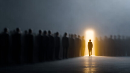 Shadows of figures waiting for light. A lone figure stands in front of a glowing door, surrounded by indistinct silhouettes in a shadowy environment.