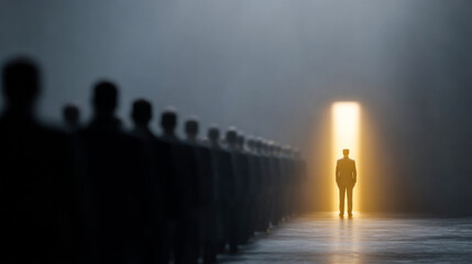 Line of people by bright door. Individuals dressed in dark attire await their turn in a line, approaching a radiant door at the end.