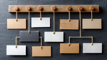 Wooden organizer with blank labels. A wooden wall organizer holds empty tags for labeling items or organizing information in a tidy manner.