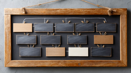 Family tree display with wooden frames. A decorative family tree made of wood and slate with blank spaces for names, hanging on a grey wall.