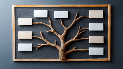 Artistic family tree display on wall. A decorative family tree structure mounted on a gray wall featuring multiple blank spaces for names.