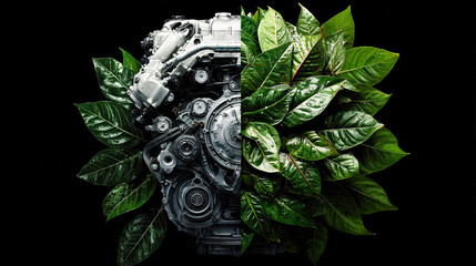 Eco-friendly engine concept showing balance between nature and technology, green energy, sustainable future, environmental conservation