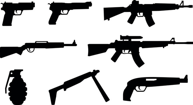 Collection of silhouetted firearms including handguns rifles grenade and shotgun - Powered by Adobe