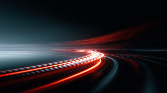 Dynamic red and white light trails racing across a dark background, evoking speed, motion, and futuristic energy, ideal for technology and innovation concepts