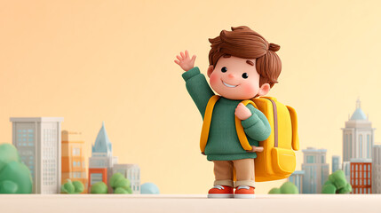 Smiling cartoon schoolboy waving with backpack ready for school in vibrant city setting, back to school concept, cheerful student ready for education adventure