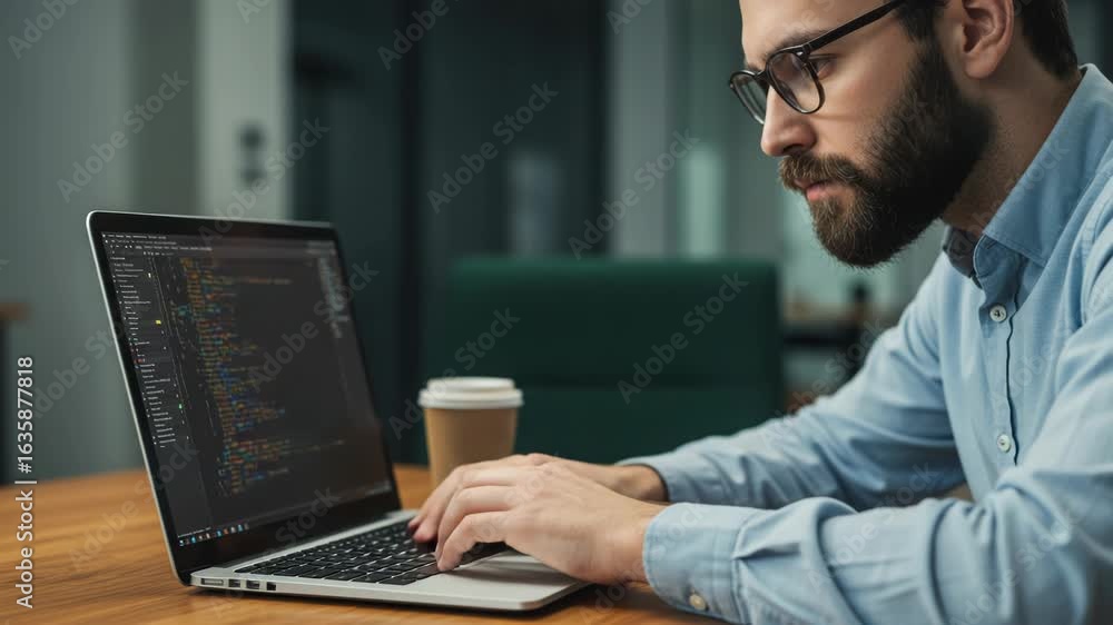 Poster a focused male programmer wearing glasses is typing on a laptop with lines of code displayed on the 