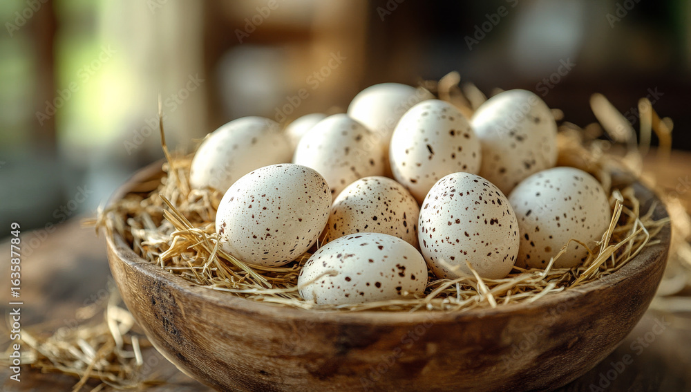 Poster fresh speckled eggs in a rustic bowl. a bowl filled with fresh speckled eggs rests on a wooden table