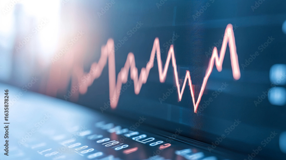 Poster market trends and data visuals. a dynamic graph shows stock market trends with sharp rises and falls