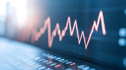 Market trends and data visuals. A dynamic graph shows stock market trends with sharp rises and falls against a sunset backdrop of digital data.