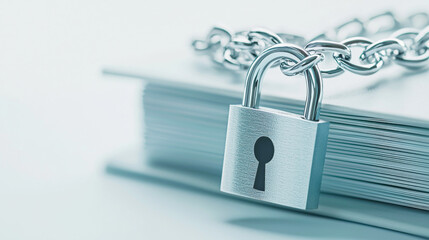 Secure lock resting on closed book. A silver padlock secures a closed book, emphasizing themes of privacy, security, and information protection.