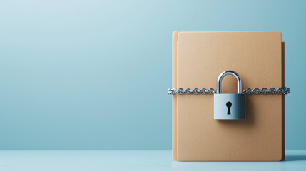 Lock documents with chain and padlock. A brown folder with a silver padlock and chain against a light blue background symbolizes safety.