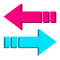 Red and blue arrow icon on transparent background. Two 3D arrows of different colors pointing in opposite directions, right & left. Symbol of exchange, transfer, comparison, or opposite directions.