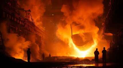industrial steel mill foundry workers at molten metal furnace manufacturing process heavy industry