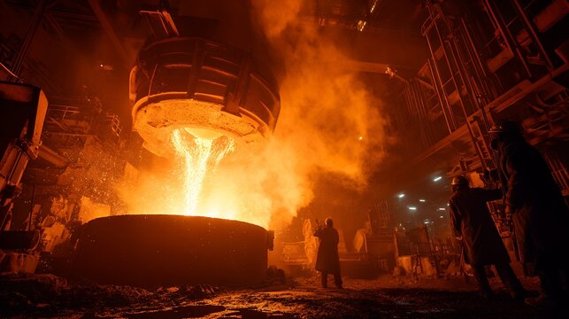 industrial steel mill foundry molten metal pouring manufacturing process heavy industry metallurgy factory production