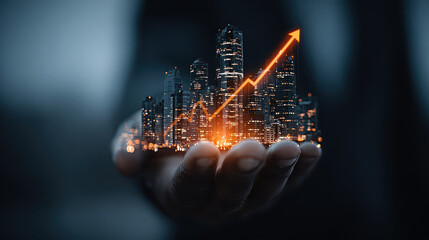Futuristic city skyline with glowing financial graph rising hand, symbolizing growth and success