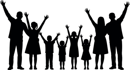 Obraz premium Joyful silhouettes of a diverse family and children celebrating together with arms raised high in the air