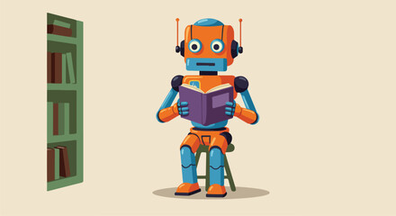Naklejka premium Fun robot reading while sitting on a stool near a bookshelf. Education, AI use