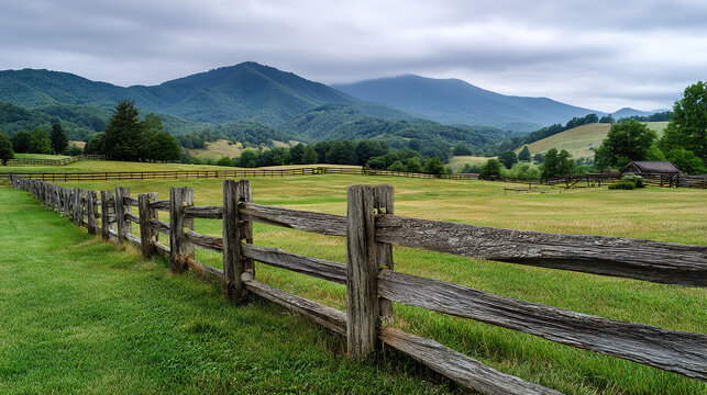 Discover the calming beauty of a green mountain pasture with rustic wooden fences under a cloudy sky, perfect for nature lovers and serene landscapes