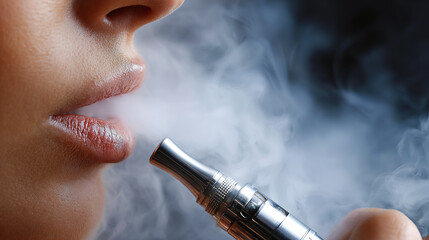 Young woman exhaling vapor from electronic cigarette creating a smoky haze, showcasing modern lifestyle choices and the allure of vaping culture closeup
