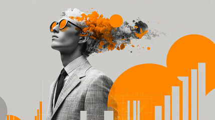 Visionary businessman with explosive ideas and bright future shows market growth with modern design elements representing innovation and dynamic leadership