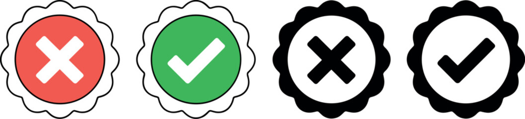 Obraz premium Two pairs of oval icons one set colored red and green with checkmarks the other black and white with checkmarks