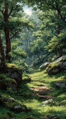Obraz premium Lush forest path bathed in sunlight (2)