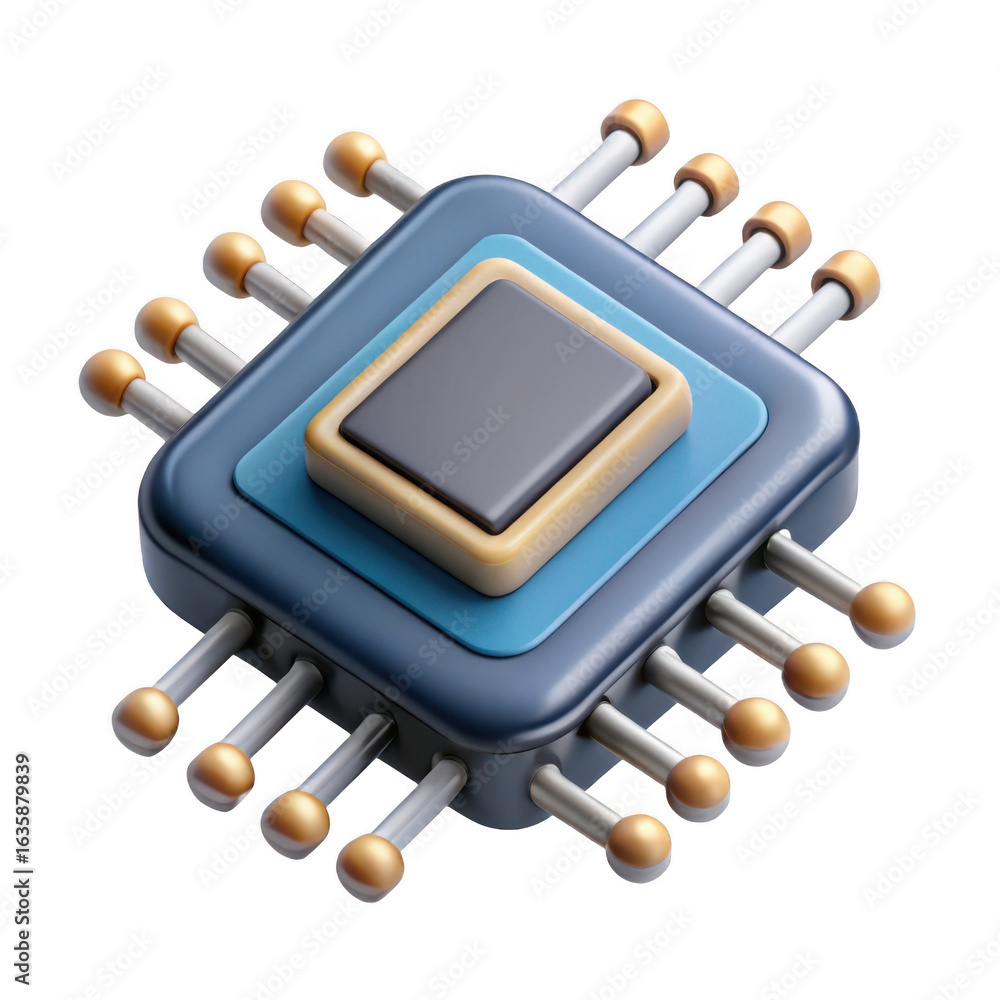 Poster 3d microprocessor chip with pins isolated on transparent background
