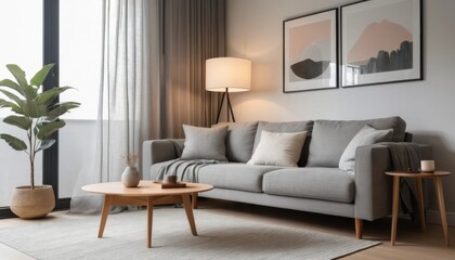Scandinavian style living room interior with gray sofa