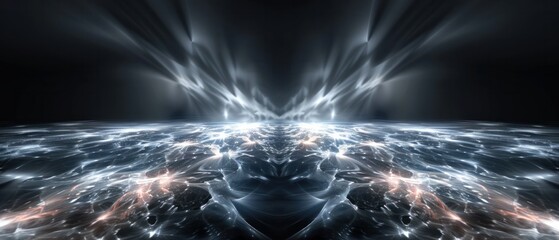 Futuristic dark background and light grid table line bright shine beam symmetry space wallpaper perspective.