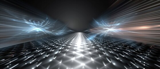 Futuristic dark background and light grid table line bright shine beam symmetry space wallpaper perspective.