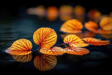 Obraz premium Autumn leaves on water, vibrant orange-gold