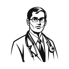 Monochrome Illustration of a Professional Doctor with Stethoscope and Glasses Vector Design
