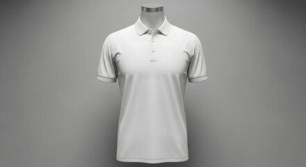 Front view of a classic blank white polo shirt on a display mannequin. Empty clothing mockup for custom design and branding.