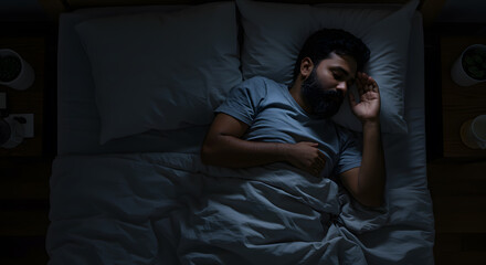 Obraz premium people, bedtime and rest concept - indian man sleeping in bed at home at night