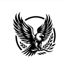 Obraz premium Black and white eagle emblem with outstretched wings and laurel branches