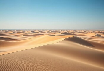 Naklejka premium Vast, undulating sand dunes stretch to a hazy horizon under a clear sky, natural, pattern