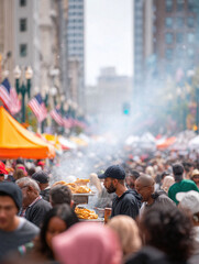 Vibrant street fair scene with food vendors and a diverse crowd against a city backdrop. Captures community, culture, celebration,  urban life. Perfect for advertising, event promotions.