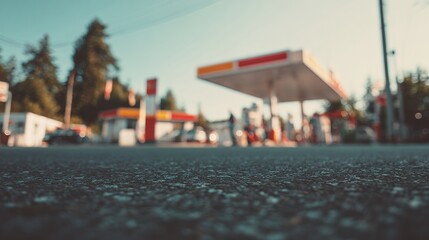 low angle gas station canopy at dusk with bokeh asphalt foreground retro americana