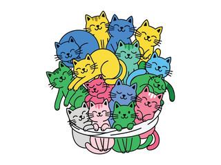 Kitten Paradise: A heartwarming gathering of adorable kittens, nestled together in a colorful illustration, radiating joy and charm.