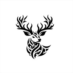 Stylized black deer head with ornate antlers and tribal patterns