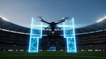 Futuristic Drone Flies Through Glowing Goalposts in Empty Stadium - Powered by Adobe
