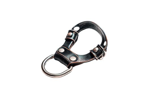 Black leather key fob with metal accents.  A stylized,  looped design