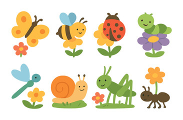 Insects and Flowers Delight. Flat vector mini-illustrations Insects among flowers in colors children's