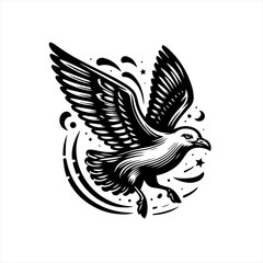 Stylized black and white illustration of a soaring seagull with celestial elements