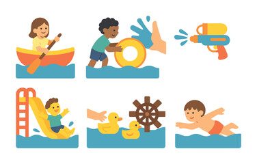 Water Play Icons. Flat vector mini-illustrations Push forces in water in colors children's illustrations: