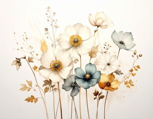 Delikatne kwiaty w pastelowych kolorach an białym tle. Rysunek, ilustracja